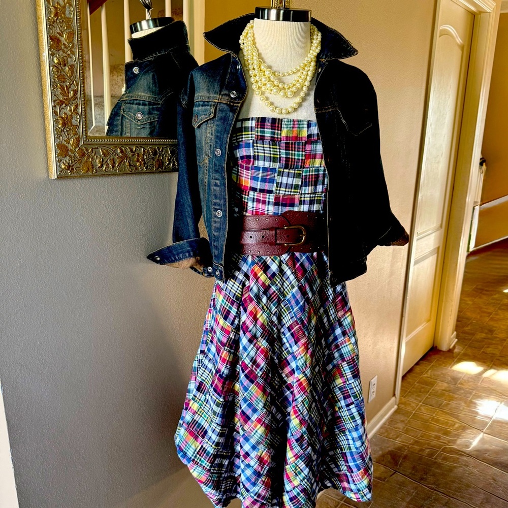 J.CREW Madras Plaid Patchwork Strapless A-Line Cotton Preppy Size 6 Vintage